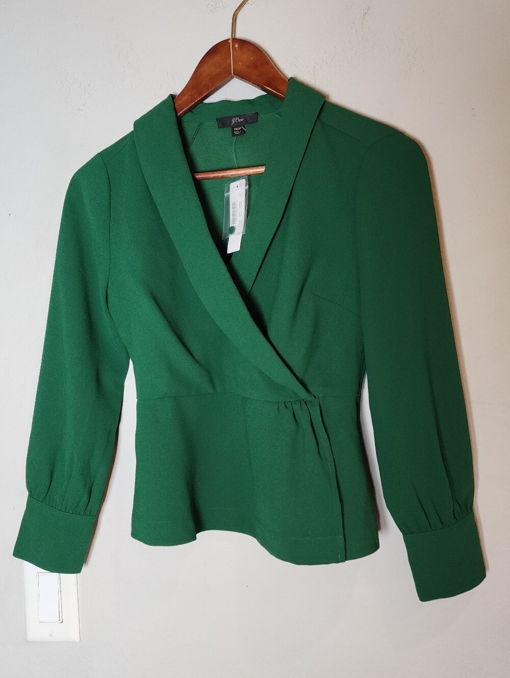 NWT J. Crew Faux Wrap Stretch Waist Green Long Sleeve Blouse Size 00P